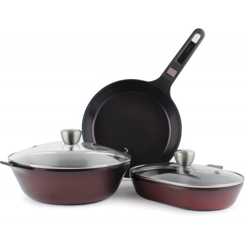  Neoflam MyPan 6-Piece Ceramic Non-Stick Cookware Set with Detachable Handle, Ruby Red, Glass Lids