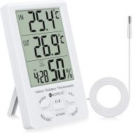 Neoteck 3 in 1 Thermometer Hygrometer with Clock Large LCD Display, Digital Humidity Temperature Meter 1.5m Sensor Wire for Indoor Outdoor Use