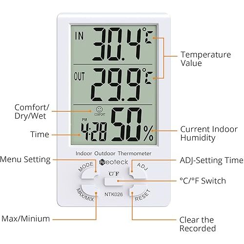  Neoteck 3 in 1 Thermometer Hygrometer with Clock Large LCD Display, Digital Humidity Temperature Meter 1.5m Sensor Wire for Indoor Outdoor Use