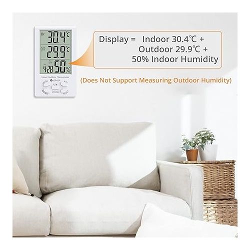  Neoteck 3 in 1 Thermometer Hygrometer with Clock Large LCD Display, Digital Humidity Temperature Meter 1.5m Sensor Wire for Indoor Outdoor Use