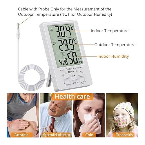  Neoteck 3 in 1 Thermometer Hygrometer with Clock Large LCD Display, Digital Humidity Temperature Meter 1.5m Sensor Wire for Indoor Outdoor Use