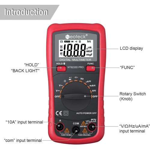  [아마존 핫딜]  [아마존핫딜]Neoteck Auto Ranging Digital Multimeter AC/DC Voltage Current Ohm Capacitance Frequency Diode Transistor Audible Continuity, Multi Tester with Backlit LCD-- Red