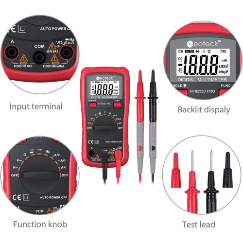  [아마존 핫딜]  [아마존핫딜]Neoteck Auto Ranging Digital Multimeter AC/DC Voltage Current Ohm Capacitance Frequency Diode Transistor Audible Continuity, Multi Tester with Backlit LCD-- Red