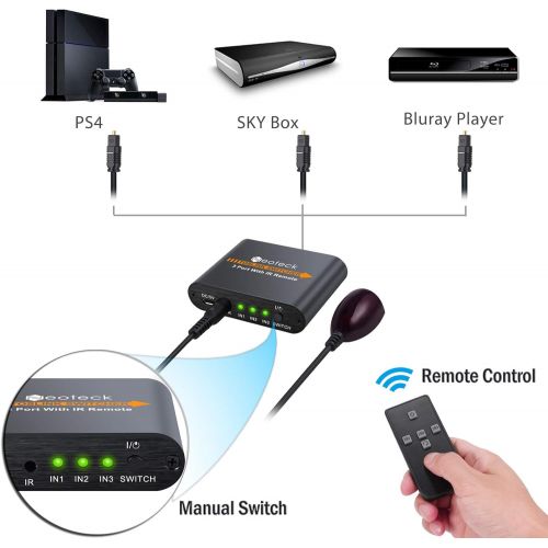  [아마존베스트]Neoteck 3 Port Toslink Switch Digital Optical Audio Switcher with IR Remote Control Supported Dolby-AC3 DTS LPCM2.0 for PS3 PS4 Xbox Blu-Ray Player PC to AV Amplifier Speaker