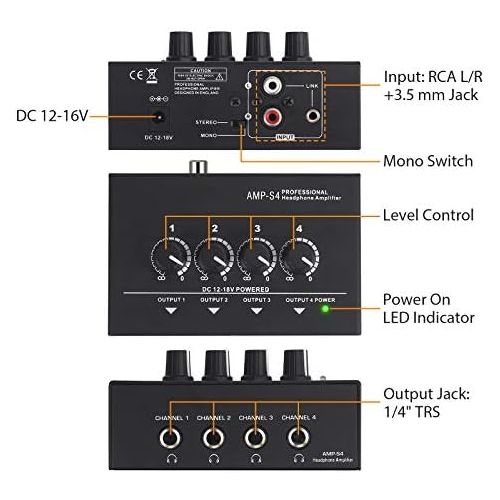  [아마존베스트]Neoteck Portable 4 Channel Stereo Headphone Amplifier - Professional Multi-Channel Mini Headphone Splitter Amplifier with Symmetrical TRS Headphone Output and TRS Audio Input for S