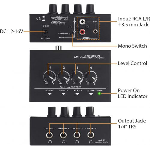  [아마존베스트]Neoteck Portable 4 Channel Stereo Headphone Amplifier - Professional Multi-Channel Mini Headphone Splitter Amplifier with Symmetrical TRS Headphone Output and TRS Audio Input for S