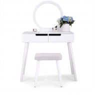 Neotheroad neotheroad Makeup Vanity Table Dressing Desk with Round Mirror 2 Sliding Drawers Jewelry Organizer Desk White