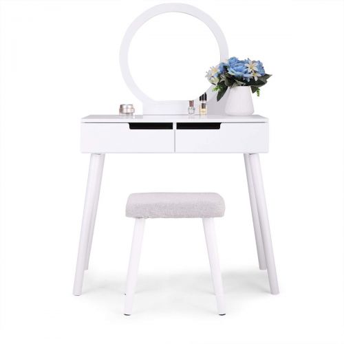  Neotheroad neotheroad Makeup Vanity Table Dressing Desk with Round Mirror 2 Sliding Drawers Jewelry Organizer Desk White