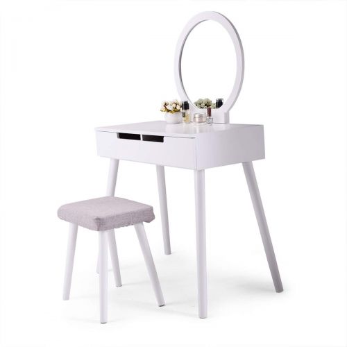  Neotheroad neotheroad Makeup Vanity Table Dressing Desk with Round Mirror 2 Sliding Drawers Jewelry Organizer Desk White