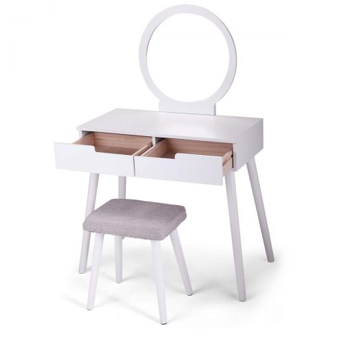  Neotheroad neotheroad Makeup Vanity Table Dressing Desk with Round Mirror 2 Sliding Drawers Jewelry Organizer Desk White