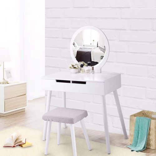  Neotheroad neotheroad Makeup Vanity Table Dressing Desk with Round Mirror 2 Sliding Drawers Jewelry Organizer Desk White