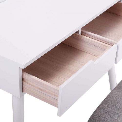  Neotheroad neotheroad Makeup Vanity Table Dressing Desk with Round Mirror 2 Sliding Drawers Jewelry Organizer Desk White