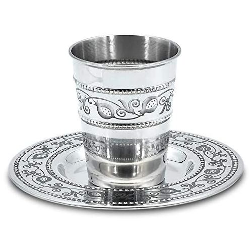  [아마존베스트]Ner Mitzvah Kiddush Cup and Tray - Premium Quality Stainless Steel Wine Cup - For Shabbat and Havdalah - Judaica Shabbos and Holiday Gift
