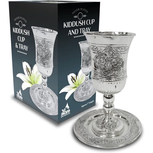  [아마존베스트]Ner Mitzvah Tall Kiddush Cup and Tray - Premium Quality Silver Plated Goblet With Stem - Shabbat and Havdalah Goblet - Judaica Shabbos and Holiday Gift