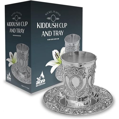  [아마존베스트]Ner Mitzvah Kiddush Cup and Tray - Premium Quality Nickel Plated Wine Cup - For Shabbat and Havdalah - Judaica Shabbos and Holiday Gift