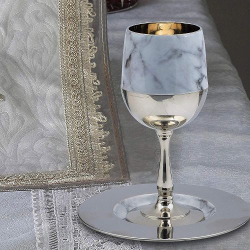  [아마존베스트]Ner Mitzvah Tall Kiddush Cup and Tray - Premium Quality Marble and Chrome Goblet With Stem - Shabbat and Havdalah Goblet - Judaica Shabbos and Holiday Gift -6 Tall