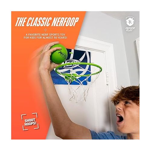 너프 NERF Mini Over the Door Basketball Hoop - Nerfoop Indoor Basketball Hoop for Kids - Toy Door Basketball Hoop + Mini NERF Foam Basketball Game Set - Perfect for Bedroom Indoor Basketball - Green