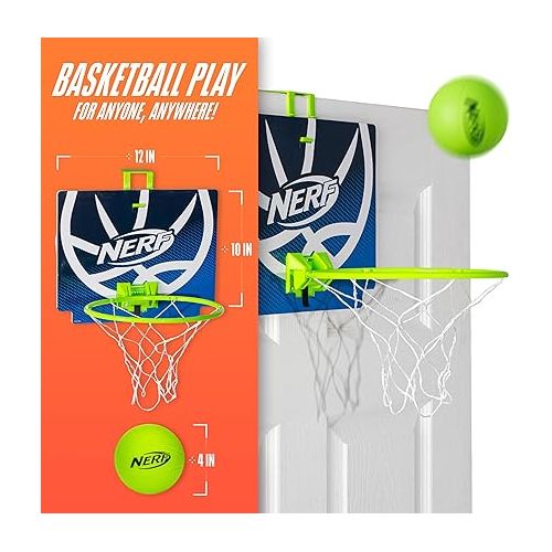 너프 NERF Mini Over the Door Basketball Hoop - Nerfoop Indoor Basketball Hoop for Kids - Toy Door Basketball Hoop + Mini NERF Foam Basketball Game Set - Perfect for Bedroom Indoor Basketball - Green