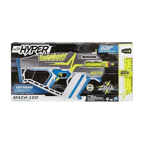 너프 NERF Hyper Mach-100 Fully Motorized Blaster, 80 Hyper Rounds, Eyewear, Up to 110 FPS Velocity, Easy Reload, Holds Up to 100 Rounds