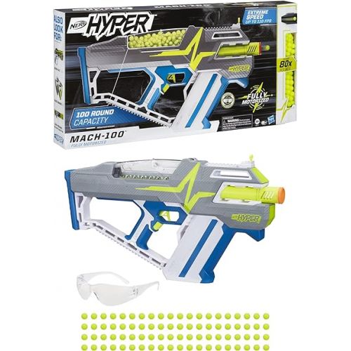 너프 Nerf Hyper Mach-100 Fully Motorized Blaster, 80 Hyper Rounds, Eyewear, Up to 110 FPS Velocity, Easy Reload, Holds Up to 100 Rounds