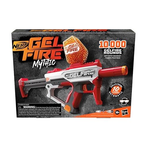 너프 Nerf Pro Gelfire Mythic Full Auto Blaster & 10,000 Gelfire Rounds, 800 Round Hopper, Rechargeable Battery, Eyewear, Ages 14 & Up