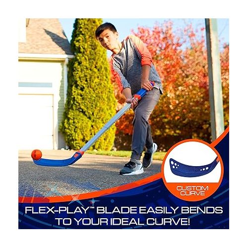 너프 NERF FLEXPLAY Kids Hockey Stick and Ball Set - Indoor & Outdoor Street Hockey Set - Adjustable Height Stick - Street Hockey Ball Included