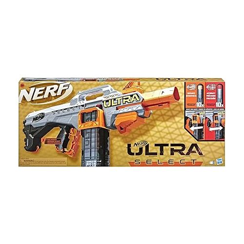 너프 NERF Ultra Select Fully Motorized Blaster, Fire for Distance or Accuracy, includes Clips and Darts, Outdoor Games and Toys, Automatic Electric Full Auto Toy Foam Blasters