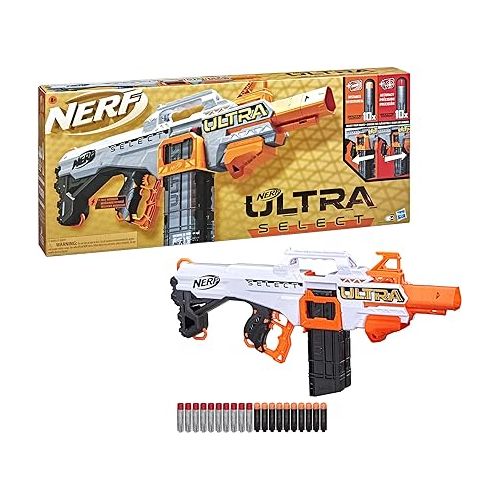 너프 NERF Ultra Select Fully Motorized Blaster, Fire for Distance or Accuracy, includes Clips and Darts, Outdoor Games and Toys, Automatic Electric Full Auto Toy Foam Blasters