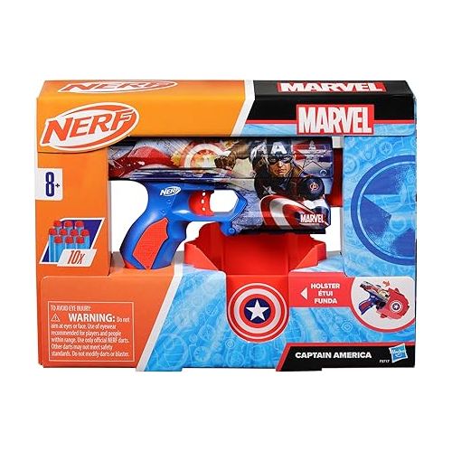 너프 NERF Marvel Captain America Dart Blaster, 10 Elite Darts, Holster, Toy Foam Blasters for 8 Year Old Boys & Girls & Up
