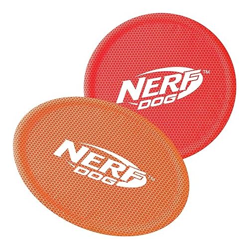 너프 Nerf Dog Nylon Flyer Dog Toy, Flying Disc, Lightweight, Durable and Water Resistant, Great for Beach and Pool, 9 inch Diameter, for Medium/Large Breeds, Two Pack, Orange and Red (8959)