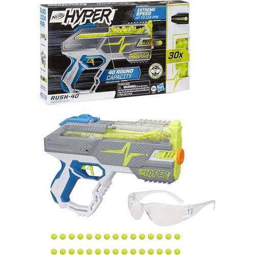 너프 Nerf Hyper Rush-40 Pump-Action Blaster, 30 Hyper Rounds, Eyewear, Up to 110 FPS Velocity, Easy Reload, Holds Up to 40 Rounds