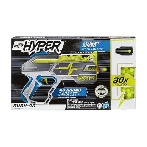 너프 Nerf Hyper Rush-40 Pump-Action Blaster, 30 Hyper Rounds, Eyewear, Up to 110 FPS Velocity, Easy Reload, Holds Up to 40 Rounds