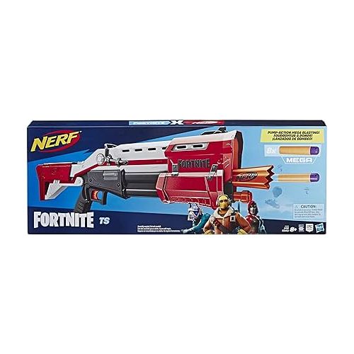 너프 NERF Fortnite Ts Blaster - Pump Action Dart Blaster, 8 Official Mega Fortnite Darts, Dart Storage Stock - for Youth, Teens, Adults, Red