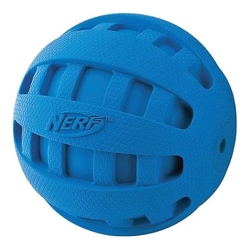 너프 Nerf Dog Rubber Ball Dog Toy with Checkered Squeaker, Lightweight, Durable and Water Resistant, 4 Inch Diameter for Medium/Large Breeds, Single Unit, Blue