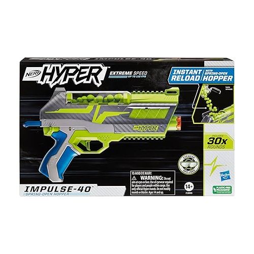 너프 NERF Hyper Impulse-40 Blaster, 30 Nerf Hyper Rounds, Spring-Open Instant Reload Hopper, Up to 110 FPS Velocity, Eyewear Included