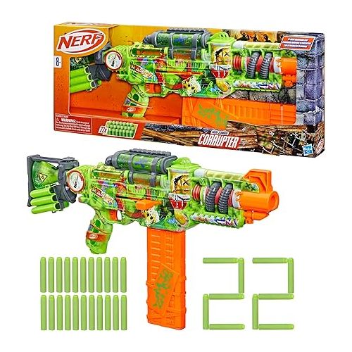 너프 Nerf Zombie Corrupter Dart Blaster, 22 Nerf Elite Darts, 18 Dart Clip, Dart Storage, Bolt Action, Outdoor Games, Ages 8+