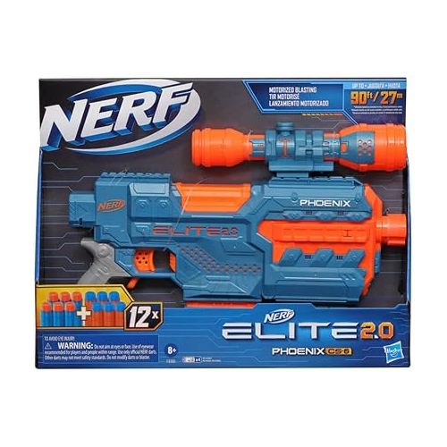 너프 NERF Elite 2.0 Phoenix CS-6 Motorized Blaster, 12 Official Darts, 6-Dart Clip, Scope, Tactical Rails, Barrel and Stock Attachment Points