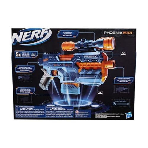 너프 NERF Elite 2.0 Phoenix CS-6 Motorized Blaster, 12 Official Darts, 6-Dart Clip, Scope, Tactical Rails, Barrel and Stock Attachment Points