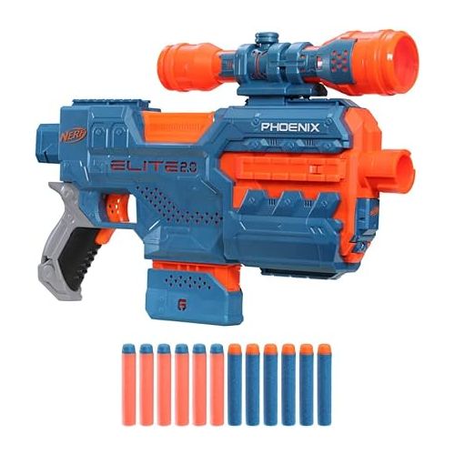 너프 NERF Elite 2.0 Phoenix CS-6 Motorized Blaster, 12 Official Darts, 6-Dart Clip, Scope, Tactical Rails, Barrel and Stock Attachment Points