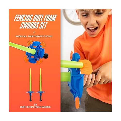 너프 Nerf Fencing Duel Swords Set - Kids Retractable Fencing Swords - Integrated Knockdown Targets - Glow in The Dark Light Up for Play Duels - Fencing Game for Kids