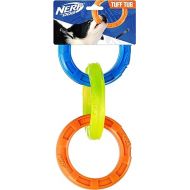 Nerf Dog 10.5in Rubber 3-Ring Tug Dog Toy, Lightweight, Durable and Water Resistant, Single Unit, Blue/Green/Orange