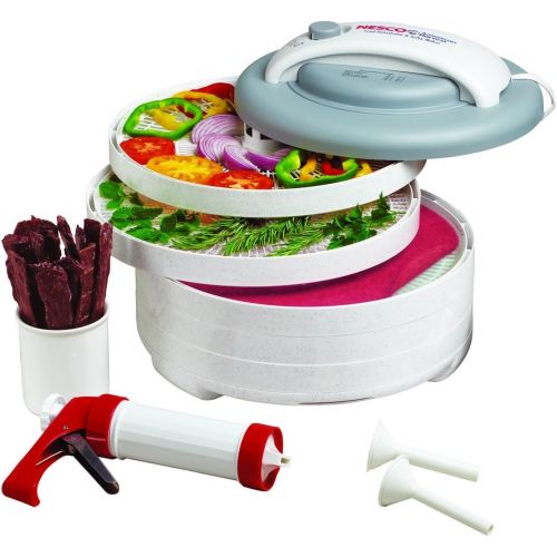  Nesco FD-61WHC Snackmaster Encore Food Dehydrator with Jerky Gun Kit for Great Snacks and Jerky, 5 Trays, Gray