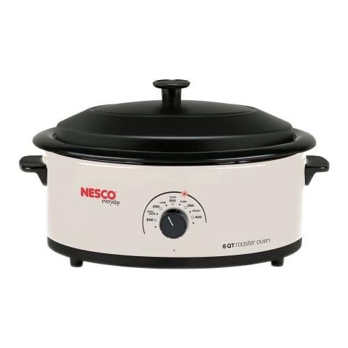  Nesco 6 Quart Capacity Ivory Roaster Oven - Porcelain Cookwell - Black Lid