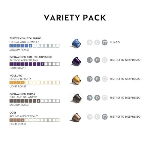 네스프레소 Nespresso Capsules OriginalLine, Variety Pack, Mild, Medium, Dark Roast Espresso Coffee, 50 Count Espresso Coffee Pods, Brews 1.35 oz