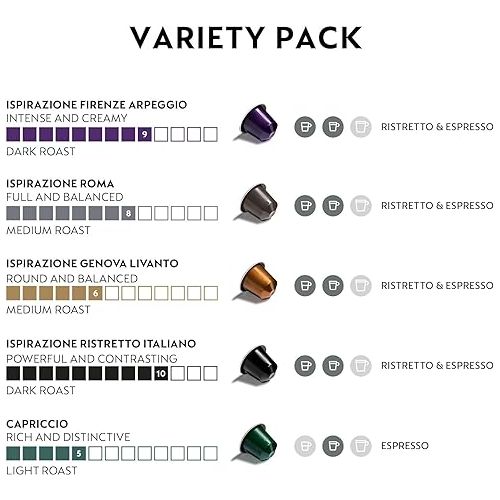 네스프레소 Nespresso Capsules OriginalLine, Ispirazione Variety Pack, Medium & Dark Roast Espresso Coffee, 50 Count Espresso Coffee Pods, Brews 1.35oz