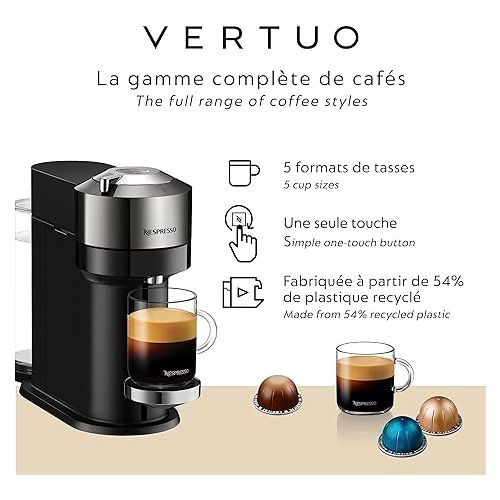 네스프레소 Nespresso Vertuo Next Deluxe Coffee and Espresso Maker, Pure Chrome with Aeroccino Milk Frother,1.1 liter, Black,Dark Chrome