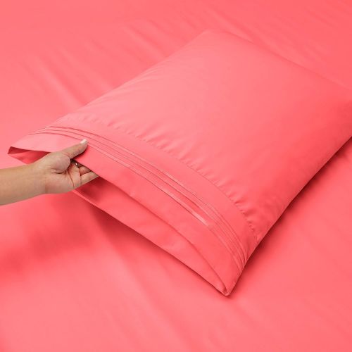  Nestl Bedding Soft Sheets Set  4 Piece Bed Sheet Set, 3-Line Design Pillowcases  Easy Care, Wrinkle  10”16” Deep Pocket Fitted Sheets  Warranty Included  Flex-Top King, Coral