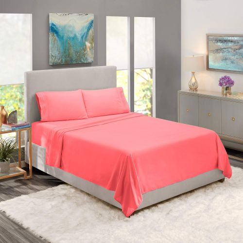  Nestl Bedding Soft Sheets Set  4 Piece Bed Sheet Set, 3-Line Design Pillowcases  Easy Care, Wrinkle  10”16” Deep Pocket Fitted Sheets  Warranty Included  Flex-Top King, Coral