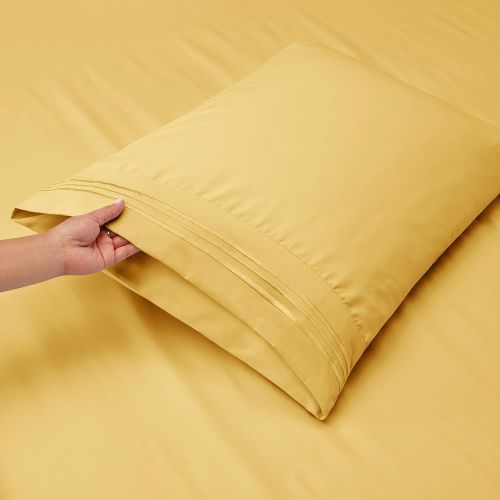  Nestl Bedding Soft Sheets Set  4 Piece Bed Sheet Set, 3-Line Design Pillowcases  Easy Care, Wrinkle Free  Good Fit Deep Pockets Fitted Sheet  Warranty Included  Queen, Light Y