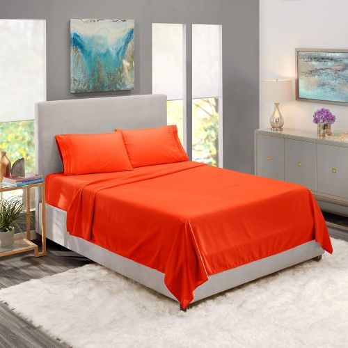  Nestl Bedding Soft Sheets Set  4 Piece Bed Sheet Set, 3-Line Design Pillowcases  Easy Care, Wrinkle  10”16” Deep Pocket Fitted Sheets  Warranty Included  Flex-Top King, Orang